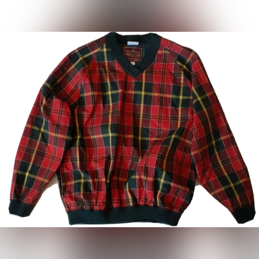 Proquip Men's V-Neck Plaid Golf Pull Over Sweater Red and Green Size Large